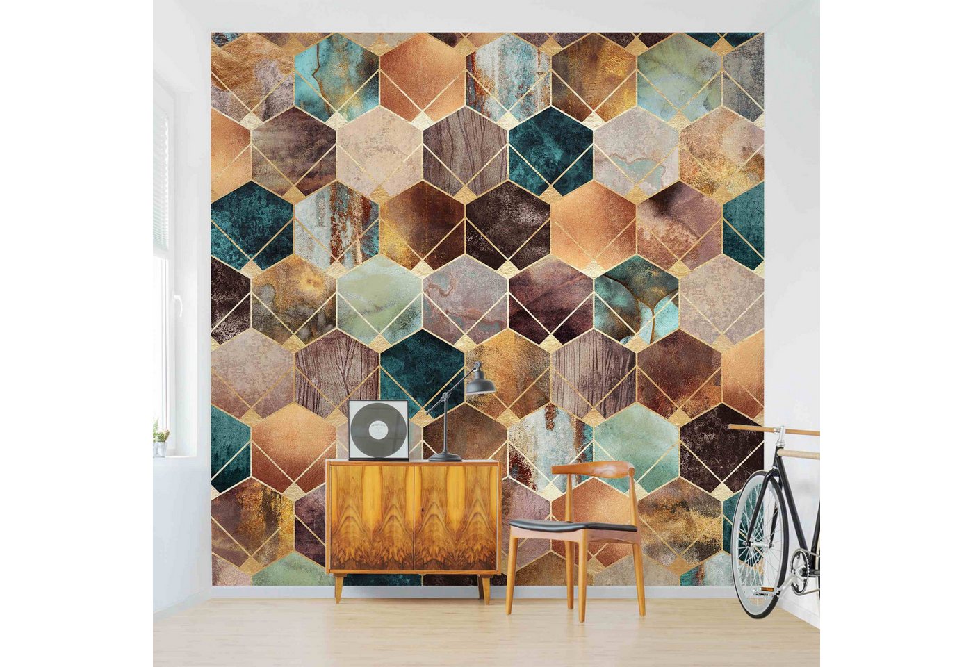 Bilderdepot24 Vliestapete Abstrakt Türkise Geometrie goldenes Art Deco Tapete Wanddeko Modern, Glatt, Matt, (Inklusive Gratis-Kleister oder selbstklebend), Wohnzimmer Schlafzimmer Küche Flur Fototapete Motivtapete Wandtapete von Bilderdepot24