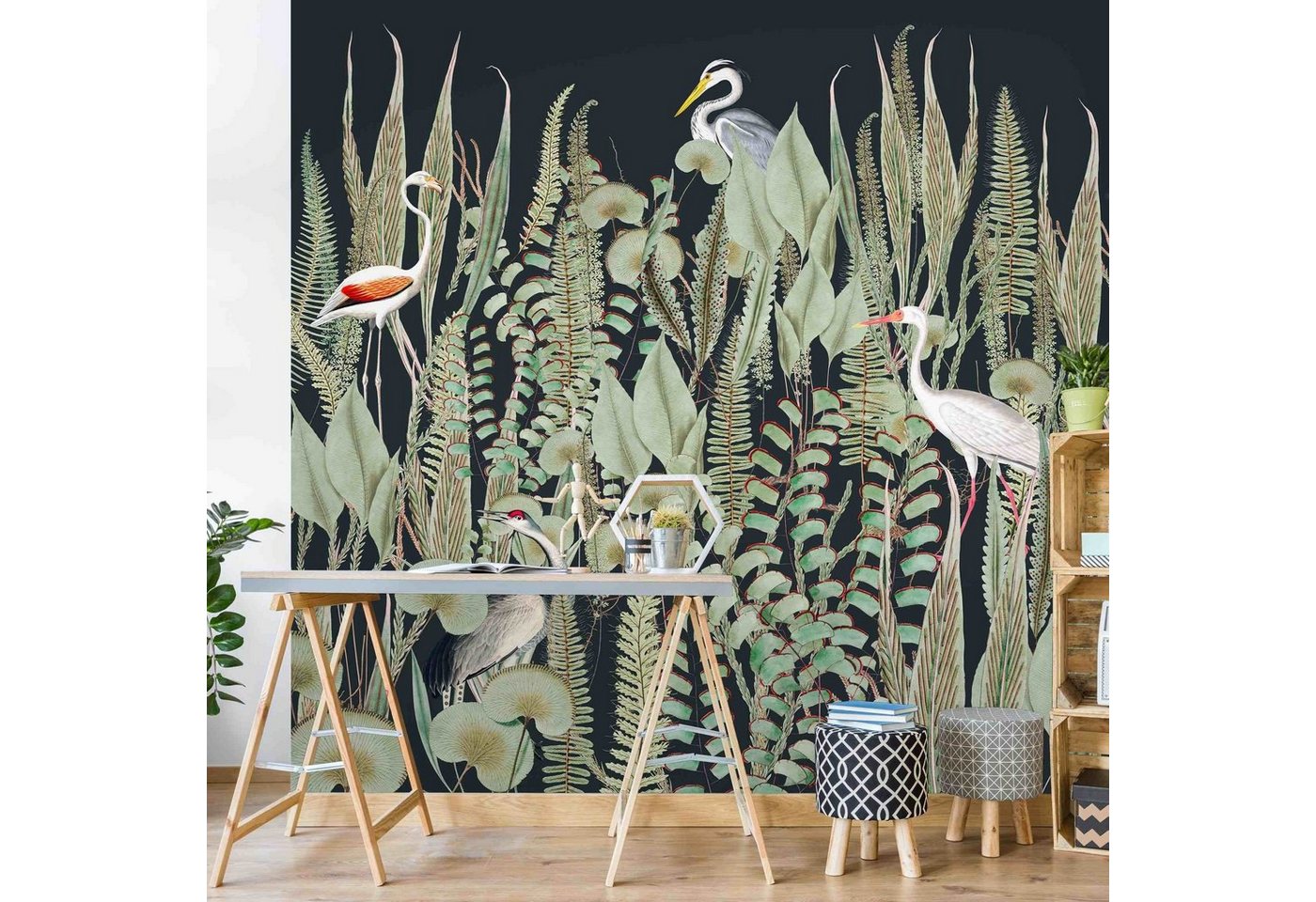 Bilderdepot24 Vliestapete Vintage Flamingo Storch Pflanzen Grün Vögel Tiere Schwarz Wanddeko, Glatt, Matt, (Inklusive Gratis-Kleister oder selbstklebend), Wohnzimmer Schlafzimmer Küche Flur Fototapete Motivtapete Wandtapete von Bilderdepot24