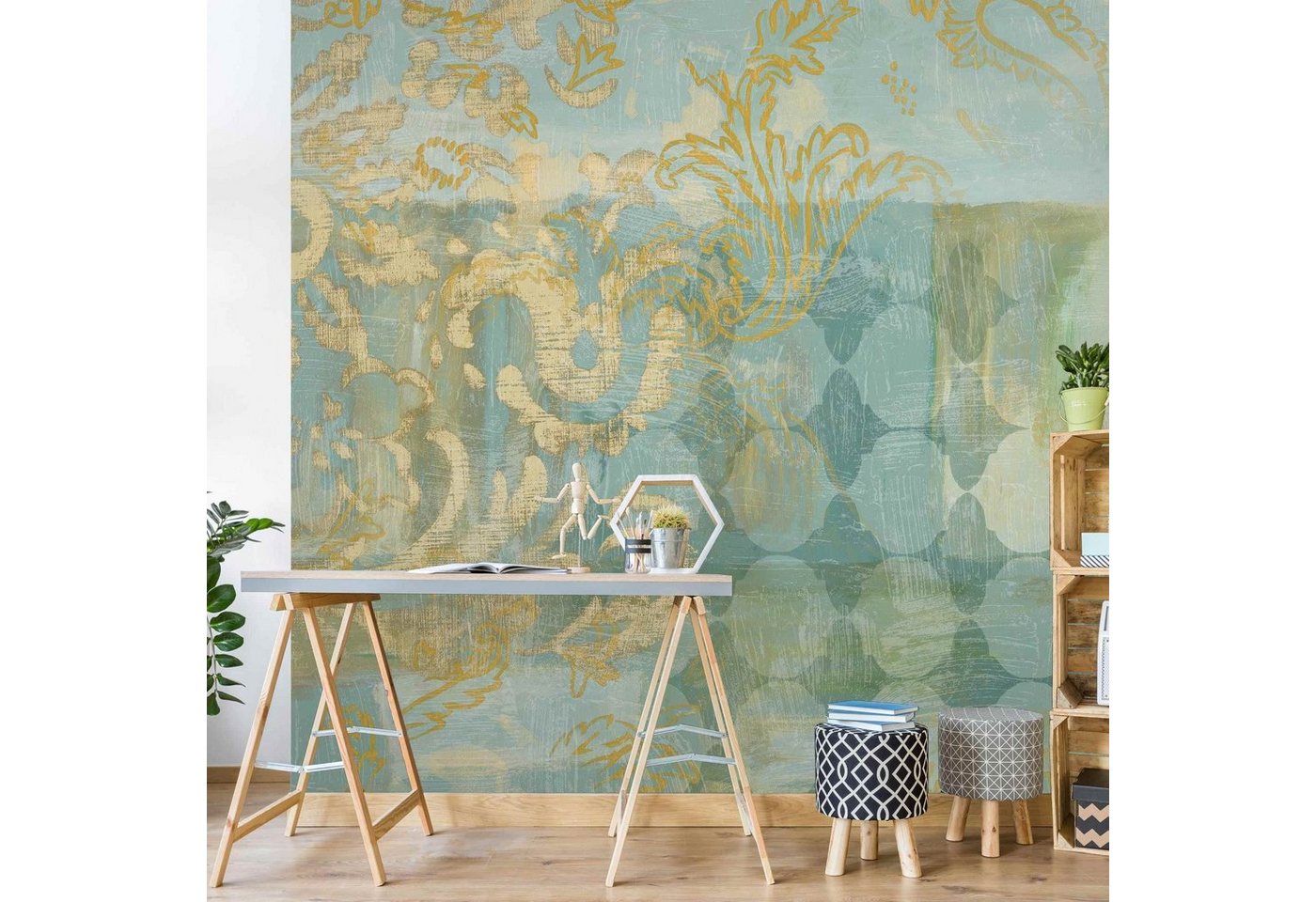Bilderdepot24 Vliestapete Vintage Marokkanische Collage Gold Türkis Orientalisch Floral Ranke, Glatt, Matt, (Vliestapete inkl. Kleister oder selbstklebend), Wohnzimmer Schlafzimmer Küche Flur Fototapete Motivtapete Wandtapete von Bilderdepot24