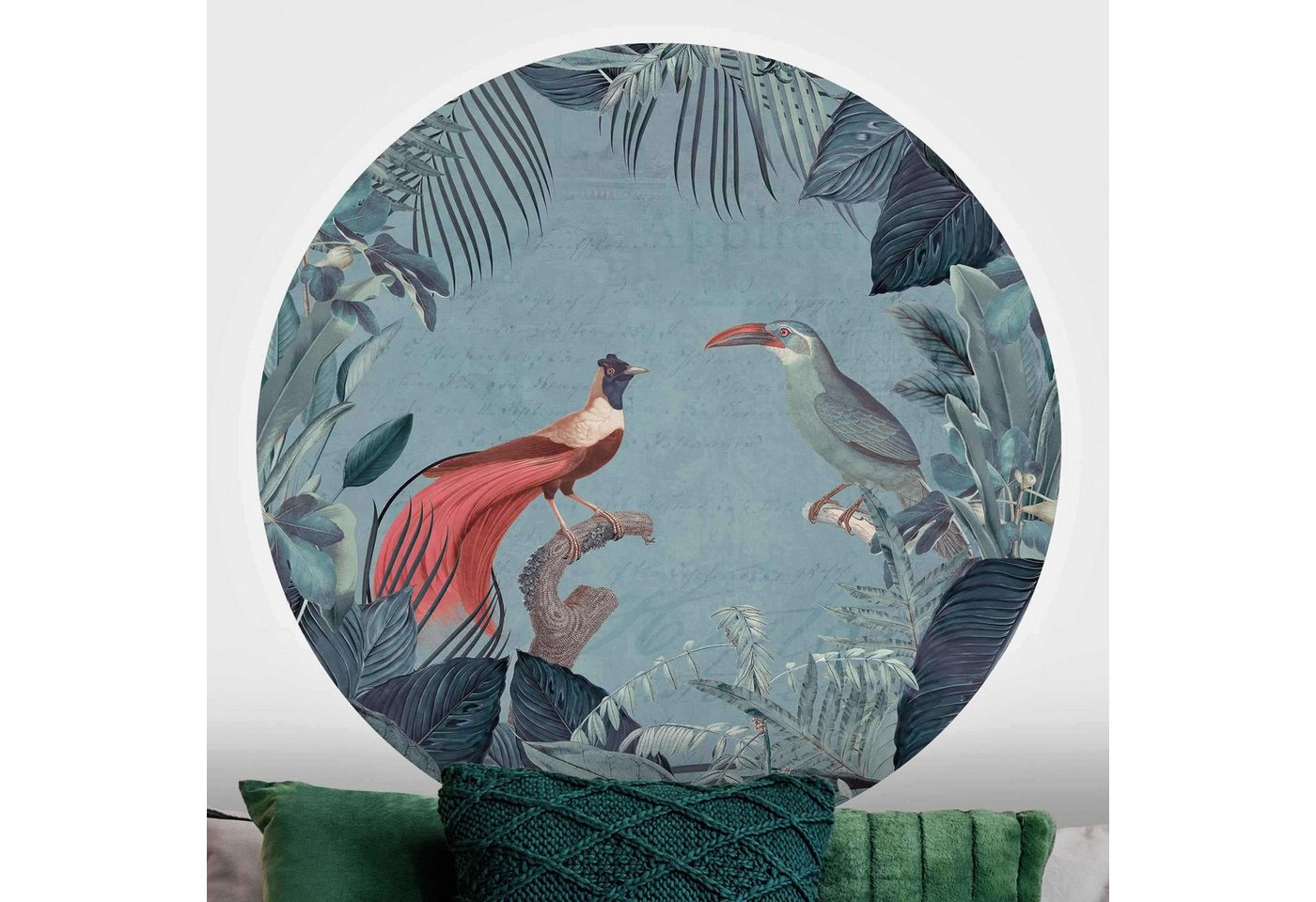 Bilderdepot24 Fototapete rund Blaugraues Paradies tropischen Vögeln, Glatt, Matt, (Vliestapete selbstklebend), Wohnzimmer Schlafzimmer Küche Wandtattoo Motivtapete Klebe Wandtapete von Bilderdepot24