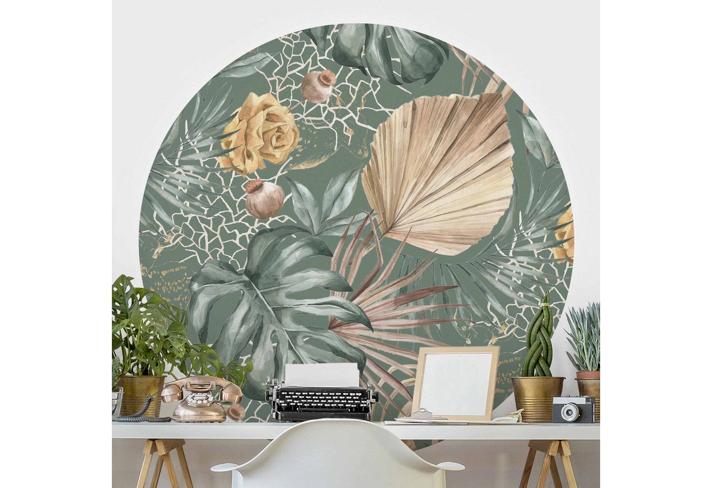 Bilderdepot24 Fototapete rund Muster Blätter Rosen Grün Beige Vintage Tropical, Glatt, Matt, (Vliestapete selbstklebend), Wohnzimmer Schlafzimmer Küche gemusterte Wandtattoo Klebe Wandtapete von Bilderdepot24