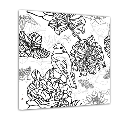 Bilderdepot24 Vogel mit Blumen - Ausmalbild auf Leinwand, aufgespannt auf Rahmen - Quadrat-Format - 30x30 cm von Bilderdepot24