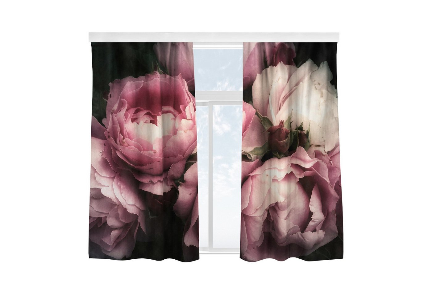 Bilderdepot24 Vorhang Gardine Blumen Natur Modern Pfingstrosen Schwarz Shabby Türvorhang, Multifunktionsband (2 St), blickdicht, Samt, Schiebegardinen Küche Schlafzimmer Wohnzimmer Schiebevorhang von Bilderdepot24
