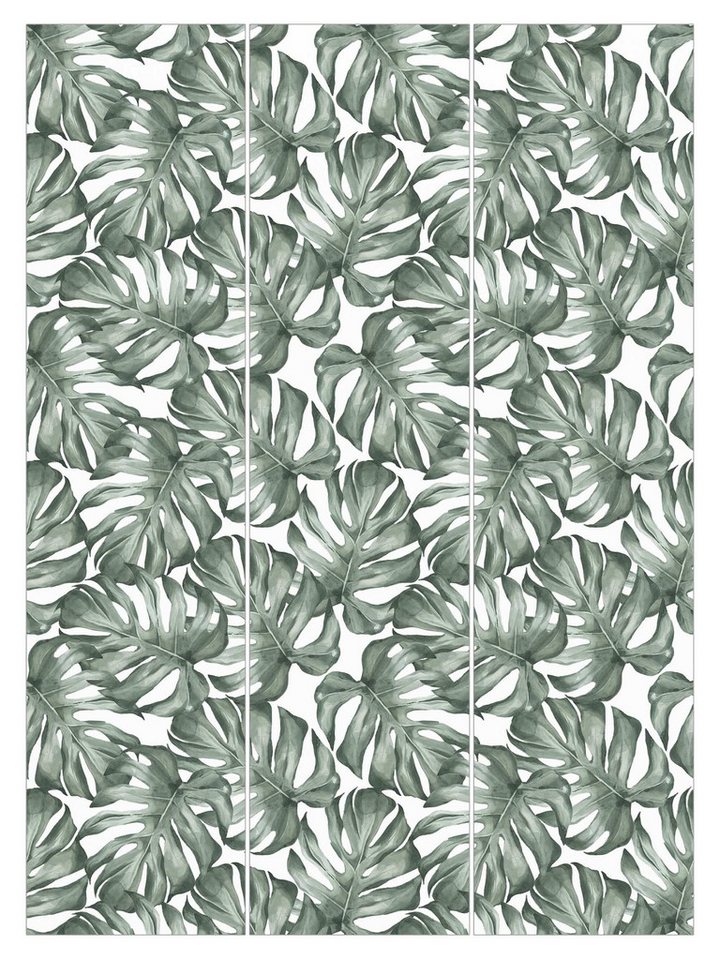 Bilderdepot24 Schiebegardine Flächenvorhang blickdicht Aquarell Monstera Grün, (3 St), halbtransparent, Wohnzimmer große Flächengardine lichtdurchlässig als Klemm-System von Bilderdepot24