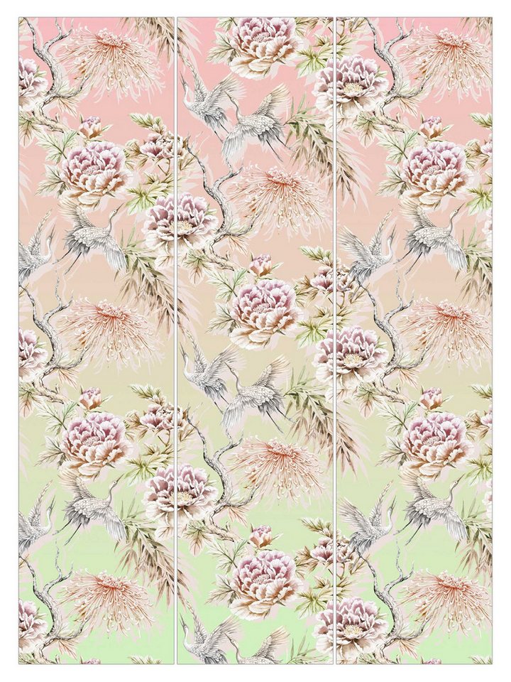 Bilderdepot24 Schiebegardine Flächenvorhang blickdicht Aquarell Vögel Blüten Ombre, (3 St), halbtransparent, Wohnzimmer große Flächengardine lichtdurchlässig als Klemm-System von Bilderdepot24