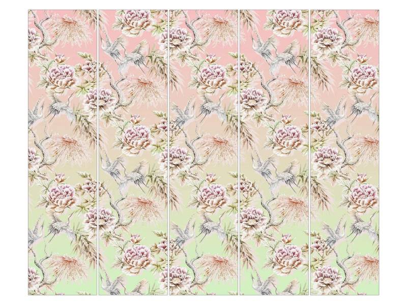 Bilderdepot24 Schiebegardine Flächenvorhang blickdicht Aquarell Vögel Blüten Ombre, (5 St), halbtransparent, Wohnzimmer große Flächengardine lichtdurchlässig als Klemm-System von Bilderdepot24