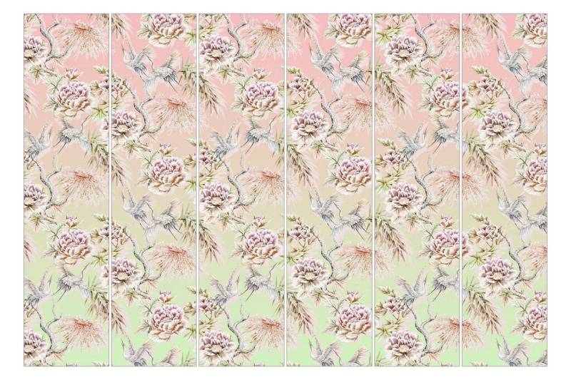 Bilderdepot24 Schiebegardine Flächenvorhang blickdicht Aquarell Vögel Blüten Ombre, (6 St), halbtransparent, Wohnzimmer große Flächengardine lichtdurchlässig für Klemm-System von Bilderdepot24