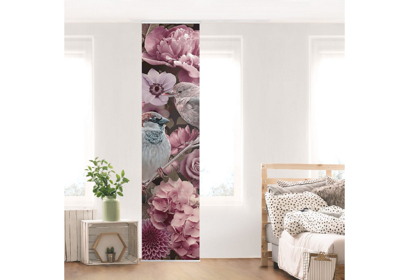 Bilderdepot24 Schiebegardine Flächenvorhang blickdicht Blumenparadies Spatze Altrosa, (6 St), halbtransparent, Wohnzimmer große Flächengardine lichtdurchlässig als Klemm-System von Bilderdepot24