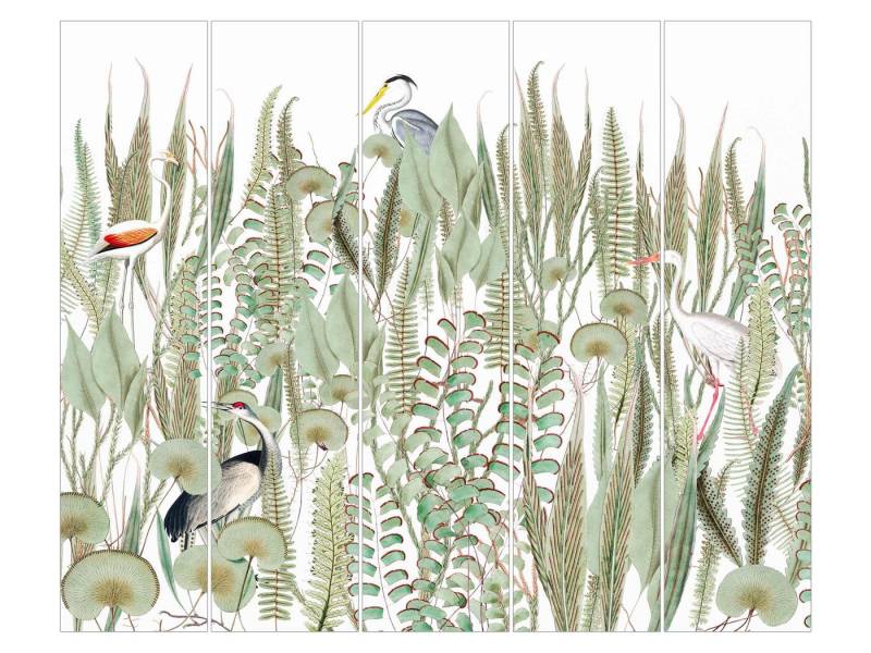 Bilderdepot24 Schiebegardine Flächenvorhang blickdicht Flamingo Storch Pflanzen, (5 St), halbtransparent, Wohnzimmer große Flächengardine lichtdurchlässig für Klemm-System von Bilderdepot24