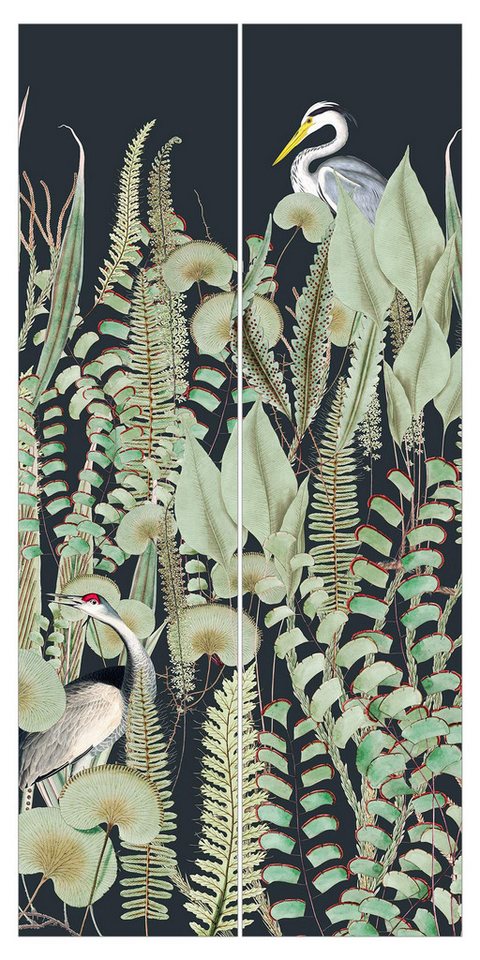 Bilderdepot24 Schiebegardine Flächenvorhang blickdicht Flamingo Storch Pflanzen Grün, (2 St), halbtransparent, Wohnzimmer große Flächengardine lichtdurchlässig für Klemm-System von Bilderdepot24