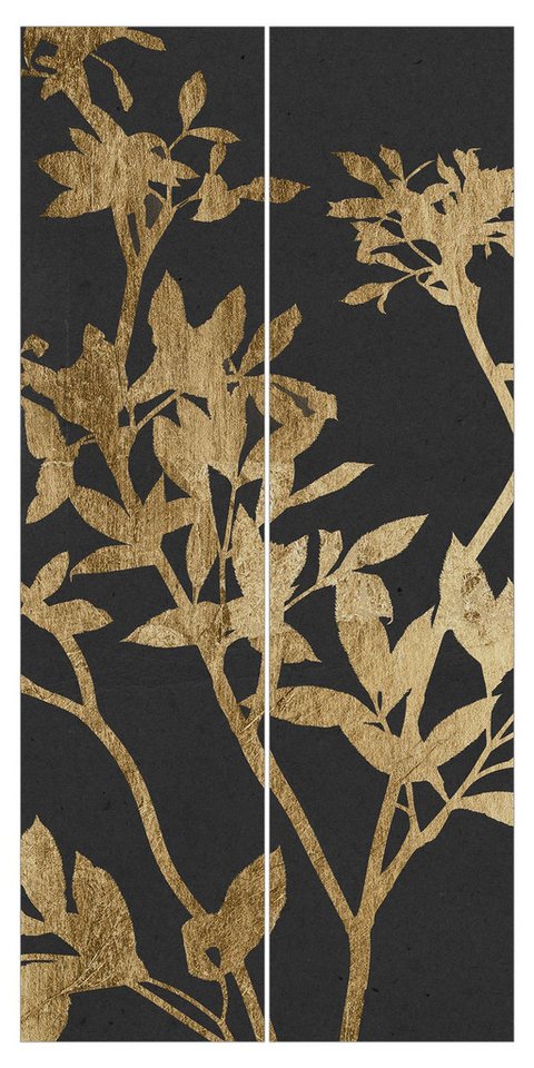 Bilderdepot24 Schiebegardine Flächenvorhang blickdicht Goldene Blätter Mokka II, (2 St), halbtransparent, Wohnzimmer große Flächengardine lichtdurchlässig als Klemm-System von Bilderdepot24