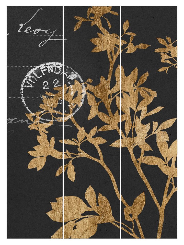 Bilderdepot24 Schiebegardine Flächenvorhang blickdicht Goldene Blätter Mokka II, (3 St), halbtransparent, Wohnzimmer große Flächengardine lichtdurchlässig als Klemm-System von Bilderdepot24