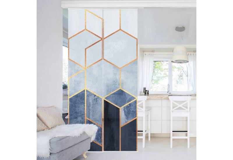 Bilderdepot24 Schiebegardine Flächenvorhang blickdicht Goldene Sechsecke Blau Weiß, (2 St), halbtransparent, Wohnzimmer große Flächengardine lichtdurchlässig als Klemm-System von Bilderdepot24