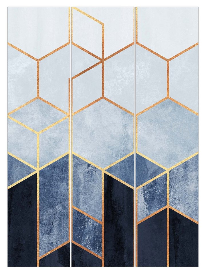 Bilderdepot24 Schiebegardine Flächenvorhang blickdicht Goldene Sechsecke Blau Weiß, (3 St), halbtransparent, Wohnzimmer große Flächengardine lichtdurchlässig als Klemm-System von Bilderdepot24