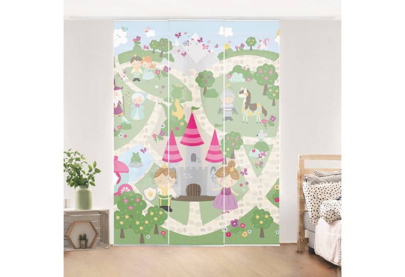 Bilderdepot24 Schiebegardine Flächenvorhang blickdicht Märchenland Weg zum Schloss, (6 St), halbtransparent, Wohnzimmer große Flächengardine lichtdurchlässig für Klemm-System von Bilderdepot24