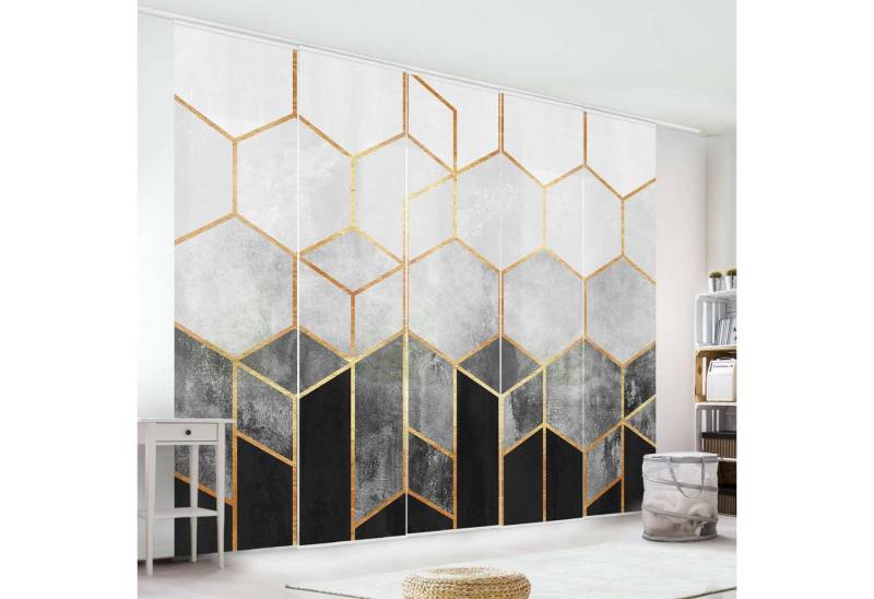 Bilderdepot24 Schiebegardine Flächenvorhang blickdicht Sechsecke Schwarz Weiß, (5 St), halbtransparent, Wohnzimmer große Flächengardine lichtdurchlässig als Klemm-System von Bilderdepot24