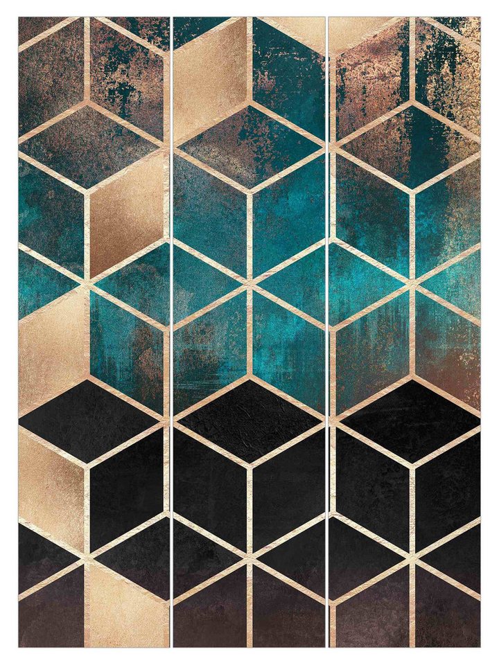 Bilderdepot24 Schiebegardine Flächenvorhang blickdicht Türkis Rosé goldene Geometrie, (3 St), halbtransparent, Wohnzimmer große Flächengardine lichtdurchlässig als Klemm-System von Bilderdepot24