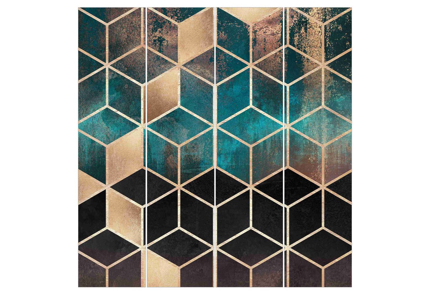 Bilderdepot24 Schiebegardine Flächenvorhang blickdicht Türkis Rosé goldene Geometrie, (4 St), halbtransparent, Wohnzimmer große Flächengardine lichtdurchlässig als Klemm-System von Bilderdepot24