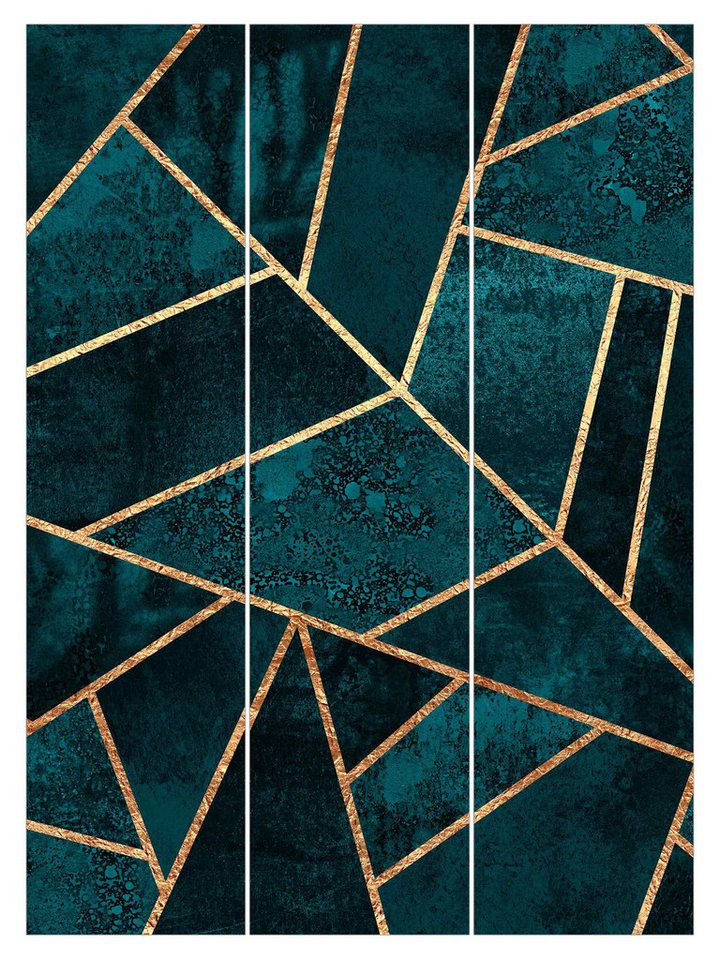 Bilderdepot24 Schiebegardine modern Flächenvorhang blickdicht Dunkles Türkis Gold, (3 St), halbtransparent, Wohnzimmer große Flächengardine lichtdurchlässig als Klemm-System von Bilderdepot24