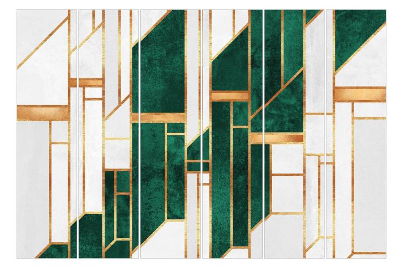 Bilderdepot24 Schiebegardine modern Flächenvorhang blickdicht Emerald Gold Geometrie, (6 St), halbtransparent, Wohnzimmer große Flächengardine lichtdurchlässig als Klemm-System von Bilderdepot24