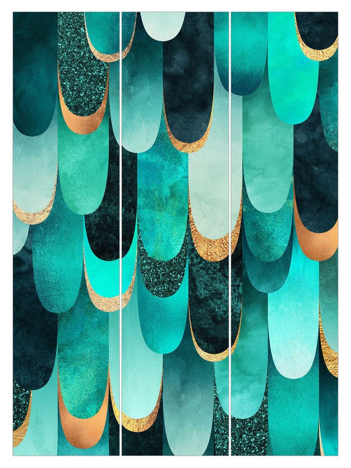 Bilderdepot24 Schiebegardine modern Flächenvorhang blickdicht Federn Gold Türkis, (3 St), halbtransparent, Wohnzimmer große Flächengardine lichtdurchlässig als Klemm-System von Bilderdepot24