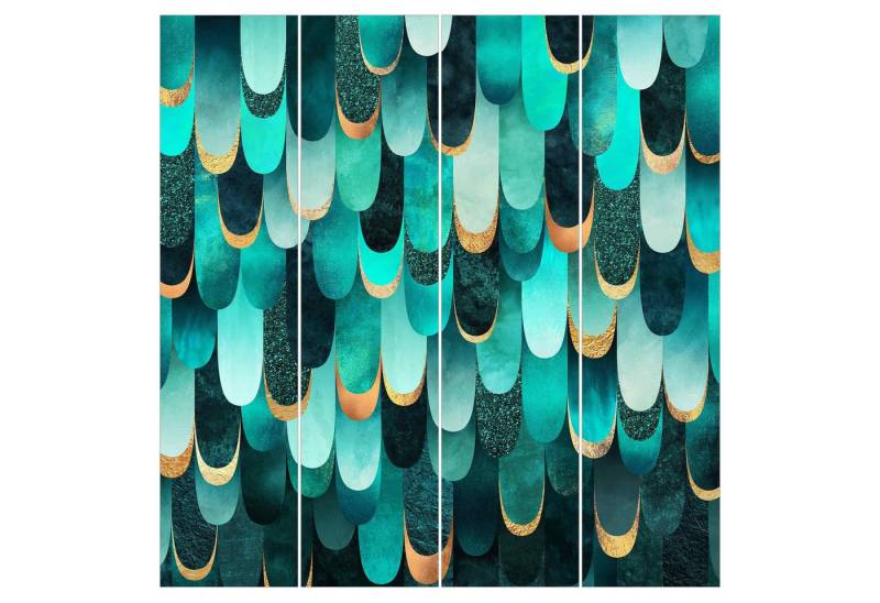 Bilderdepot24 Schiebegardine modern Flächenvorhang blickdicht Federn Gold Türkis, (4 St), halbtransparent, Wohnzimmer große Flächengardine lichtdurchlässig als Klemm-System von Bilderdepot24