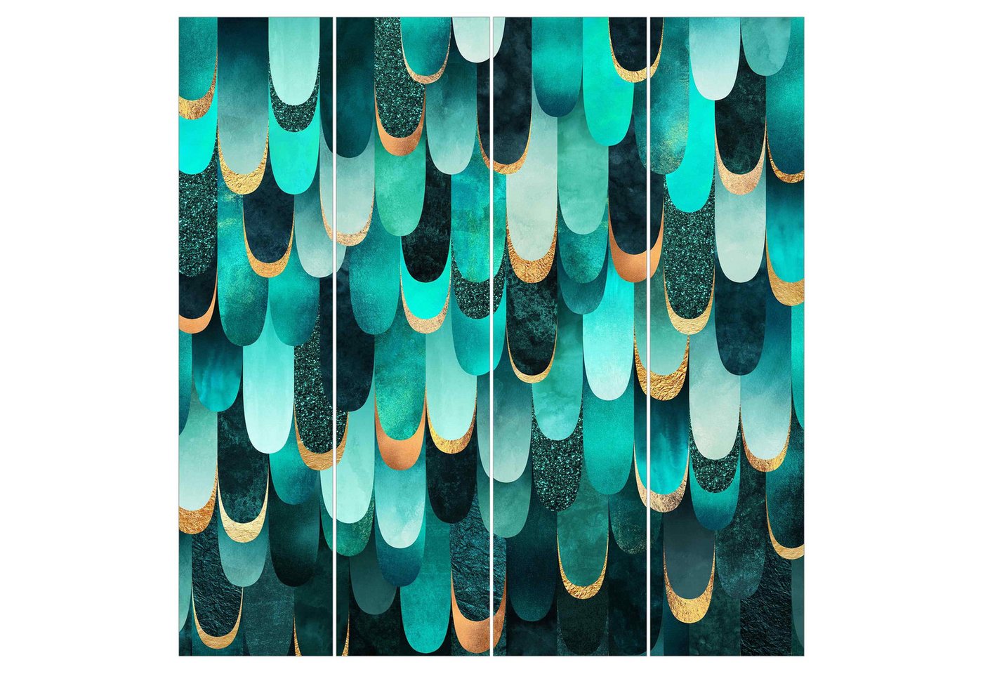 Bilderdepot24 Schiebegardine modern Flächenvorhang blickdicht Federn Gold Türkis, (4 St), halbtransparent, Wohnzimmer große Flächengardine lichtdurchlässig als Klemm-System von Bilderdepot24