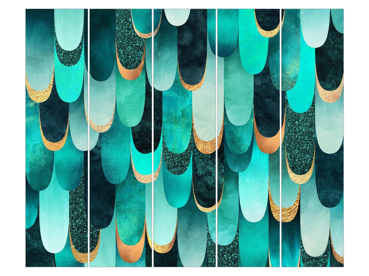 Bilderdepot24 Schiebegardine modern Flächenvorhang blickdicht Federn Gold Türkis, (5 St), halbtransparent, Wohnzimmer große Flächengardine lichtdurchlässig als Klemm-System von Bilderdepot24