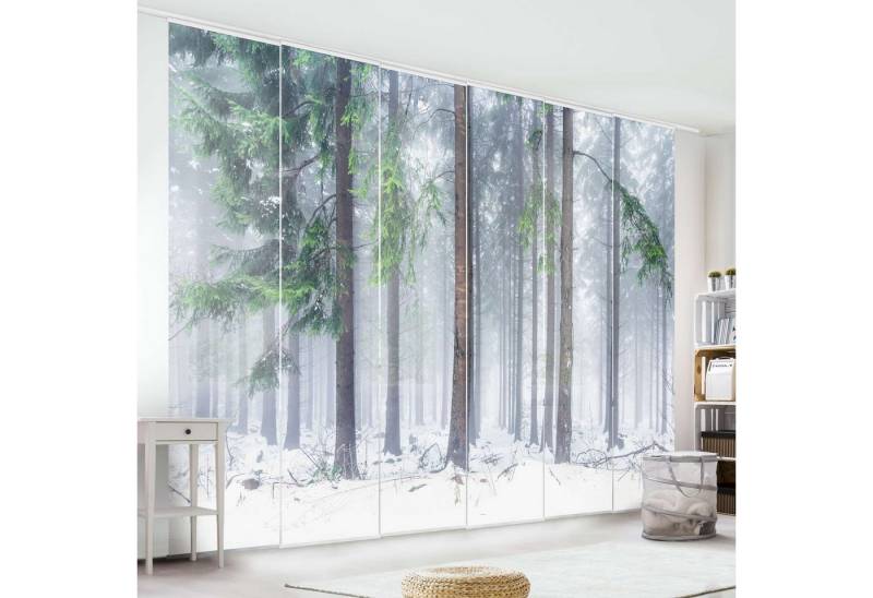 Bilderdepot24 Schiebegardine modern Flächenvorhang blickdicht Nadelbäume im Winter, (6 St), halbtransparent, Wohnzimmer große Flächengardine lichtdurchlässig als Klemm-System von Bilderdepot24