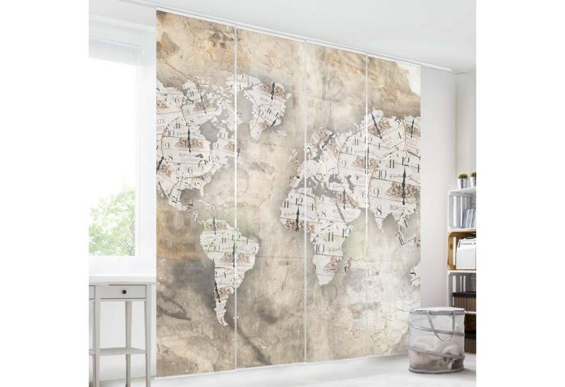 Bilderdepot24 Schiebegardine modern Flächenvorhang blickdicht Shabby Uhren Weltkarte, (6 St), halbtransparent, Wohnzimmer große Flächengardine lichtdurchlässig als Klemm-System von Bilderdepot24