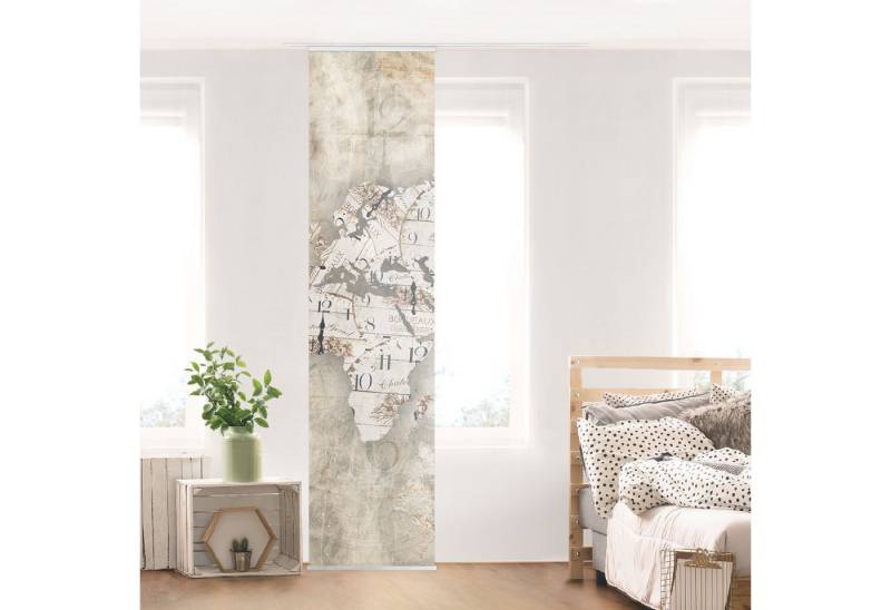 Bilderdepot24 Schiebegardine modern Flächenvorhang blickdicht Shabby Uhren Weltkarte, (6 St), halbtransparent, Wohnzimmer große Flächengardine lichtdurchlässig als Klemm-System von Bilderdepot24