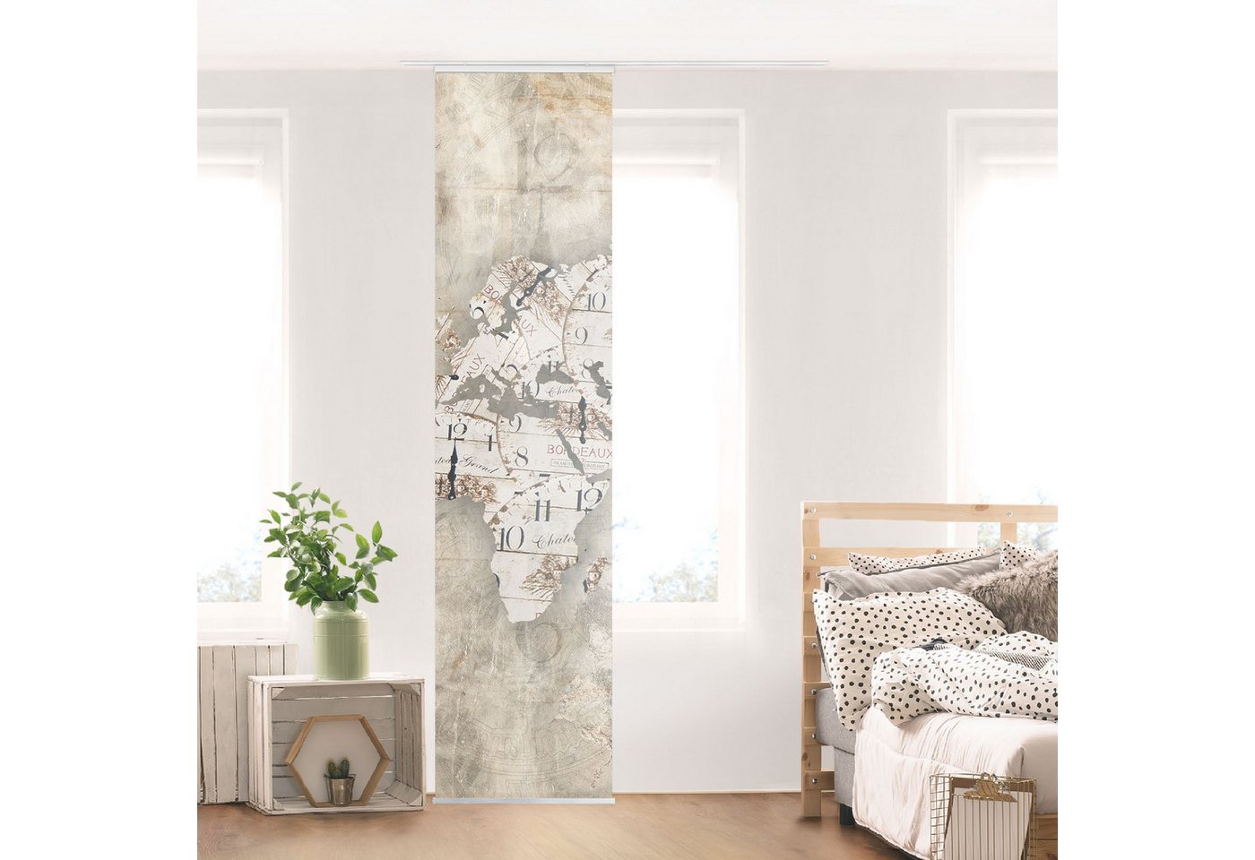 Bilderdepot24 Schiebegardine modern Flächenvorhang blickdicht Shabby Uhren Weltkarte, (6 St), halbtransparent, Wohnzimmer große Flächengardine lichtdurchlässig für Klemm-System von Bilderdepot24
