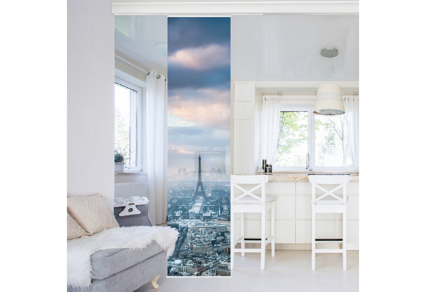 Bilderdepot24 Schiebegardine modern Flächenvorhang blickdicht Winter in Paris, (6 St), halbtransparent, Wohnzimmer große Flächengardine lichtdurchlässig für Klemm-System von Bilderdepot24