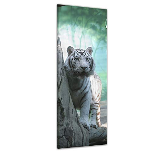 Wandbild - Indischer weisser Tiger 30x90 cm einteilig Hochformat - Leinwandbild Bild auf Leinwand - schwarz weisser Bengal Tiger von Bilderdepot24