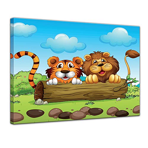 Wandbild Kinderbild Löwe und Tiger Freundschaft - 60 x 50 cm Bilder als Leinwanddruck Fotoleinwand Kinder Grosskatzen hinter einem Baumstamm von Bilderdepot24