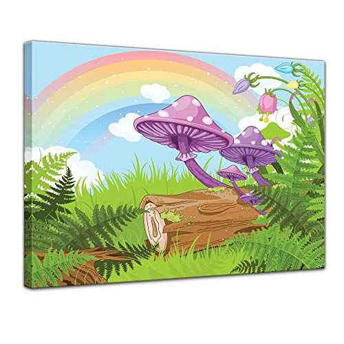 Wandbild Kinderbild Märchenwald - 70 x 50 cm Bilder als Leinwanddruck Fotoleinwand Kinder Natur idyllische Wiese mit Regenbogen von Bilderdepot24