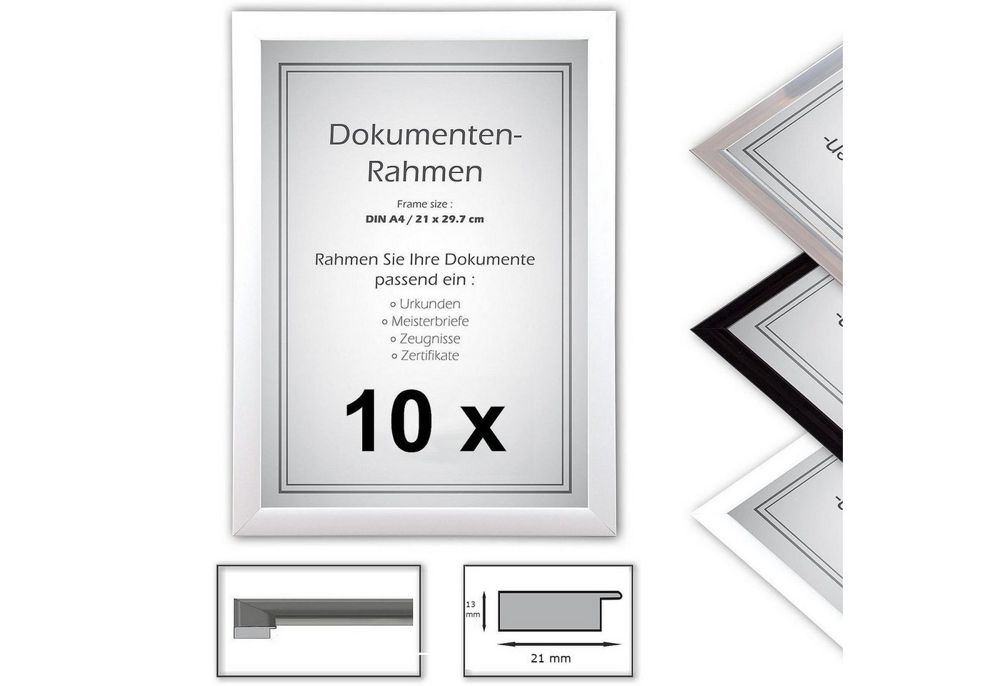 Bilderrahmen Neumann Einzelrahmen 10 x Urkundenrahmen, DIN A4, 21x29,7 cm, Farbe weiß von Bilderrahmen Neumann