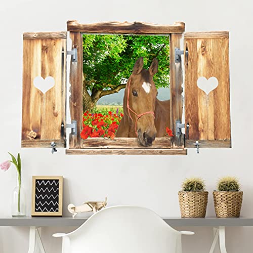 3D Wandtattoo - Fenster mit Herz und Pferd Sommerwiese, Größe:60cm x 90cm von Bilderwelten