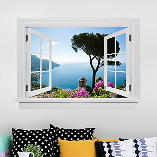 3D Wandtattoo - Offenes Fenster Ausblick vom Garten aufs Meer, Größe:60cm x 80cm von Bilderwelten