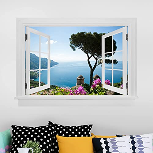 3D Wandtattoo - Offenes Fenster Ausblick vom Garten aufs Meer, Größe:90cm x 120cm von Bilderwelten