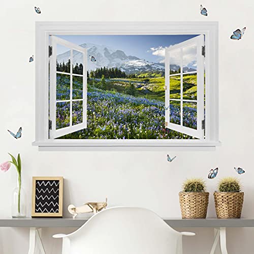 3D Wandtattoo - Offenes Fenster Bergwiese mit Blumen vor Mt. Rainier und Schmetterlinge, Größe:60cm x 80cm von Bilderwelten
