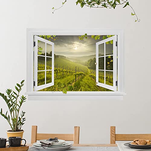 3D Wandtattoo - Offenes Fenster Sonnenstrahlen Weinberg mit Ranken und Trauben, Größe:105cm x 140cm von Bilderwelten