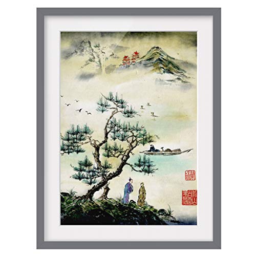 Bild Japanische Aquarell Zeichnung Kiefer und Bergdorf Grau mit Passep. 40x30cm von Bilderwelten