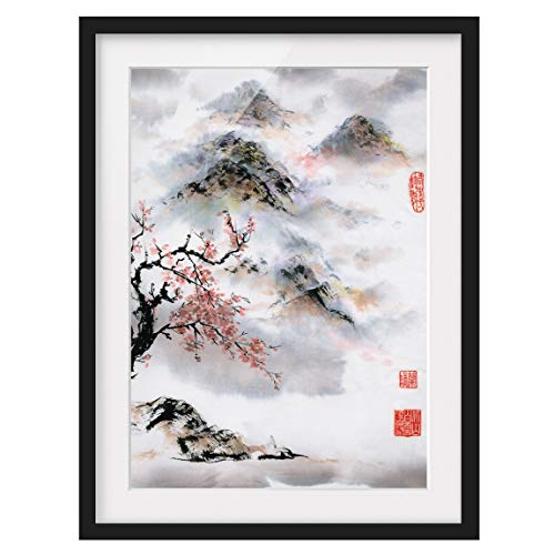 Bild Japanische Aquarell Zeichnung Kirschbaum und Berge Schwarz mit Pa. 100x70cm Bild Japanische Aquarell Zeichnung Kirschbaum und Berge Schwarz mit Pa. 100x70cm von Bilderwelten