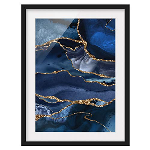 Bild gerahmt Goldene Glitzer Wellen vor Blau Schwarz mit Passepartout 100x70cm von Bilderwelten