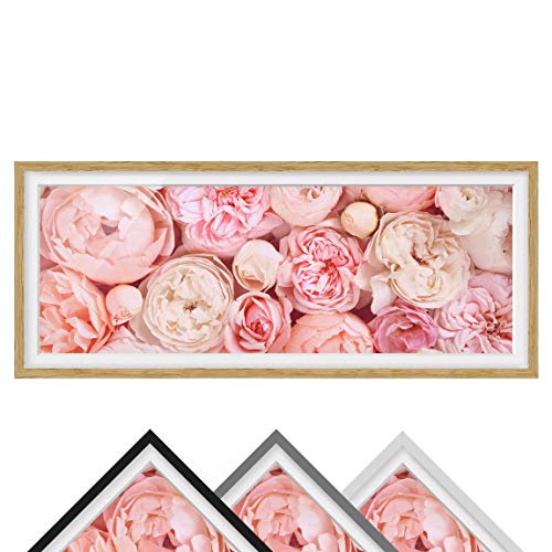 Bild mit Rahmen - Rosen Rosé Koralle Shabby - Panorama Farbe Eiche 40 x 100cm von Bilderwelten