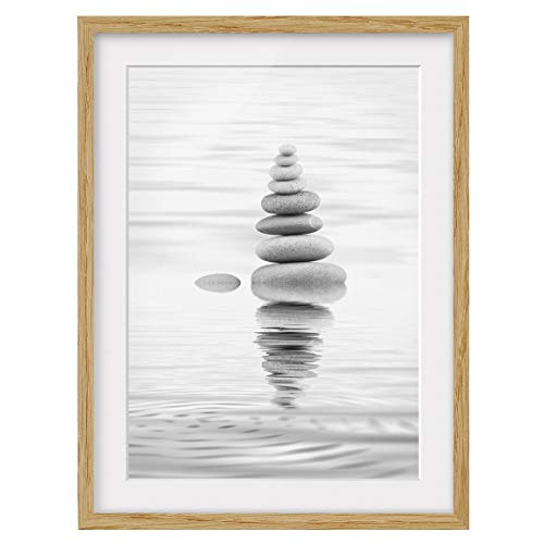 Bild mit Rahmen Steinturm im Wasser Schwarz-Weiß Eiche mit Passepartout 40x30cm von Bilderwelten