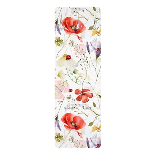 Bilderwelten Garderobe Aquarell Blumen 119cm x 39cm Mohnblumen Modern Garderobenhaken Garderobenpaneel Flurgarderobe Flur-Möbel Wandgarderobe Holz von Bilderwelten