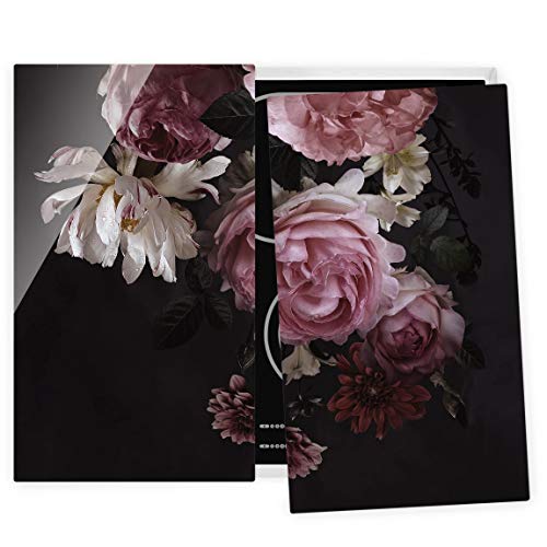 Glas Herdabdeckplatten für Ceranfeld 2teilig Rosa Blumen auf Schwarz, 60x52 cm von Bilderwelten