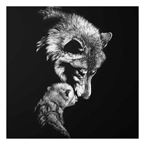 Bilderwelten Glasbild Moderne Kunst Wolf vor Schwarz Wandbild Glas Quadratisch, 50x50 cm von Bilderwelten